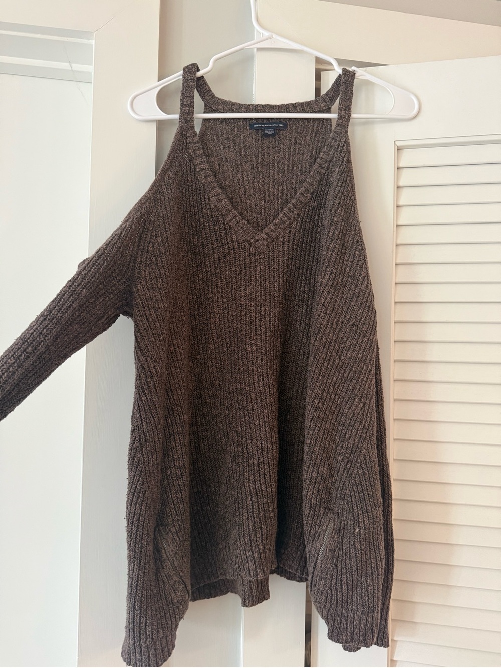 American Eagle Outfitters Brown Off-Shoulder V-Neck Sweater